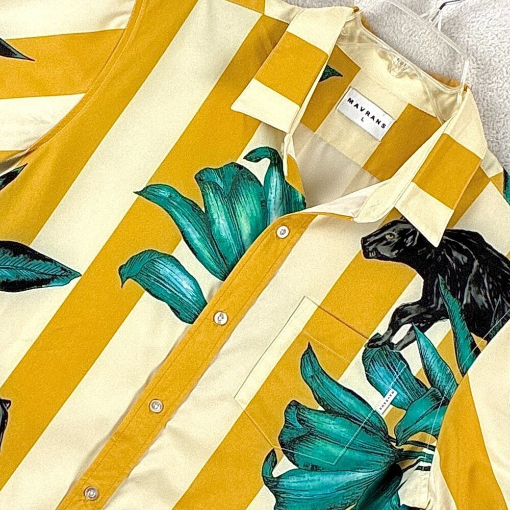 Mavrans Camp Shirt Mens L Yellow Stripe Black Panther AOP Preppy Hawaiian Beach